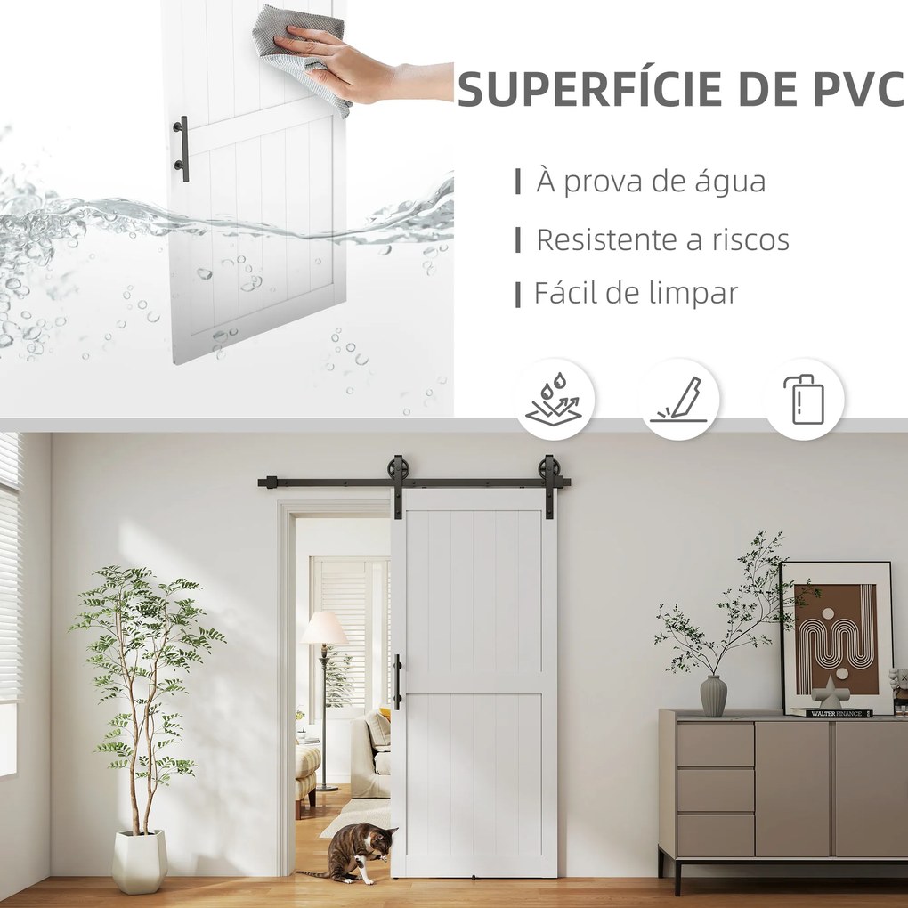 Porta de Correr Celeiro com Ferragens Porta Corredera de Interior com Puxador Rolo e Guia de Chão 91,5x213,4 cm Branco
