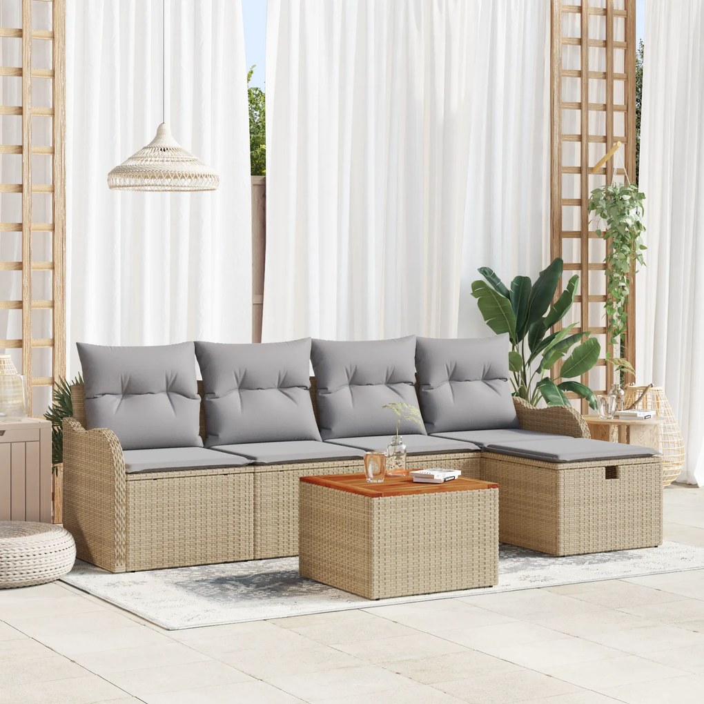 Conjunto de Sofá de Jardim vidaXL com Almofadas Bege Rattan Poliéster