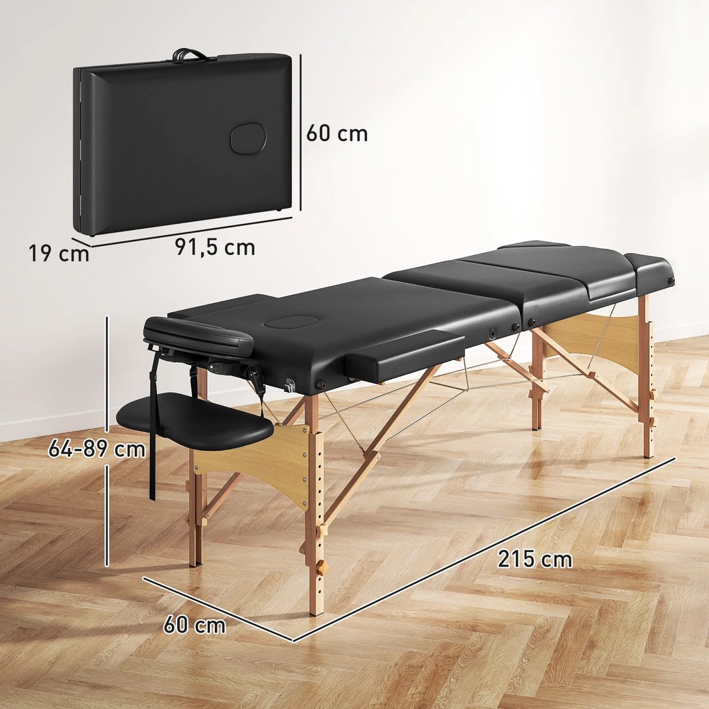 Marquesa de Massagem Dobrável Portátil com Altura Ajustável Apoio de Cabeça Apoios de Braço Acolchoados 215x60x64-89 cm Preto