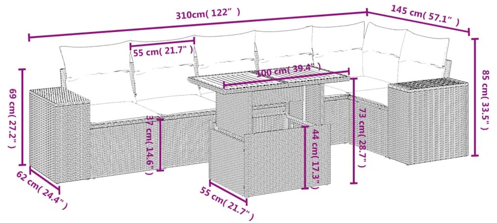 7 pcs conjunto sofás p/ jardim c/ almofadões vime PE cinzento