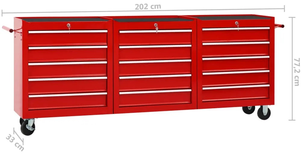 Carrinho de ferramentas com 15 gavetas aço vermelho