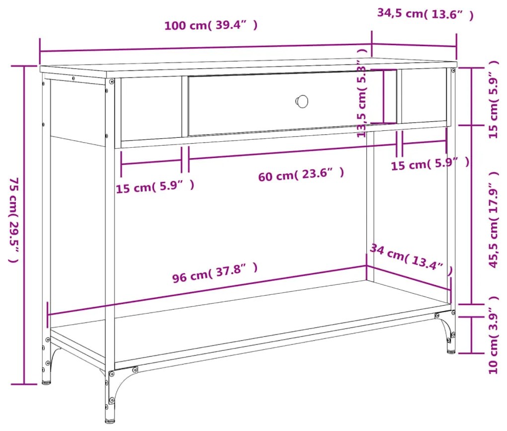Mesa consola 100x34,5x75 cm derivados madeira carvalho castanho