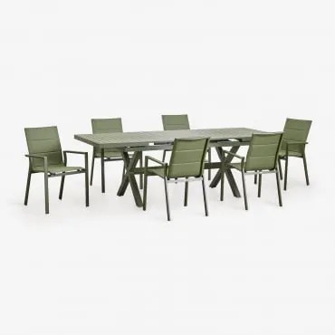 Conjunto De Mesa De Jardim Retangular Extensível 180-240x90 Cm E 6 Cadeiras De Jardim Empilháveis Com Apoios De Braços Em Alumín Verde Azeitona Intens