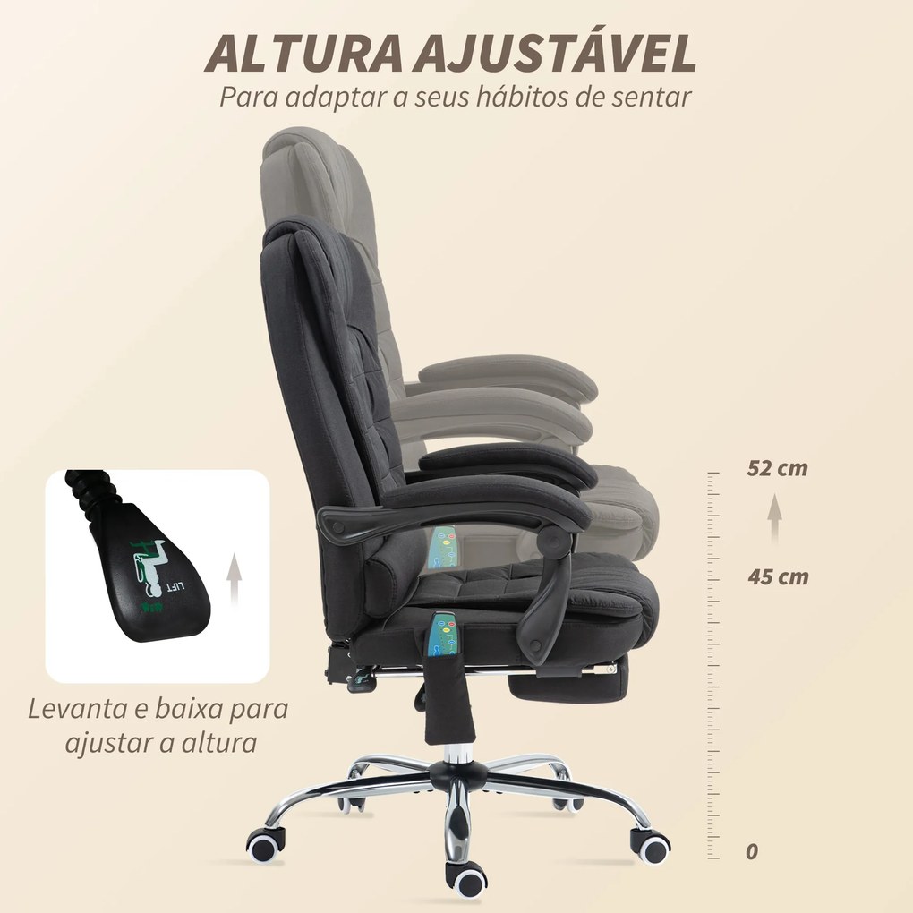 Cadeira de Escritório com 6 Pontos de Massagem Giratória com Encosto Reclinável 135º Função de Aquecimento 65x70x111-119 cm Preto