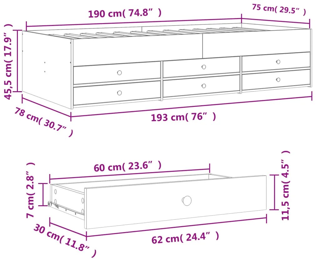 Sofá-cama com gavetas sem colchão 75x190 cm branco