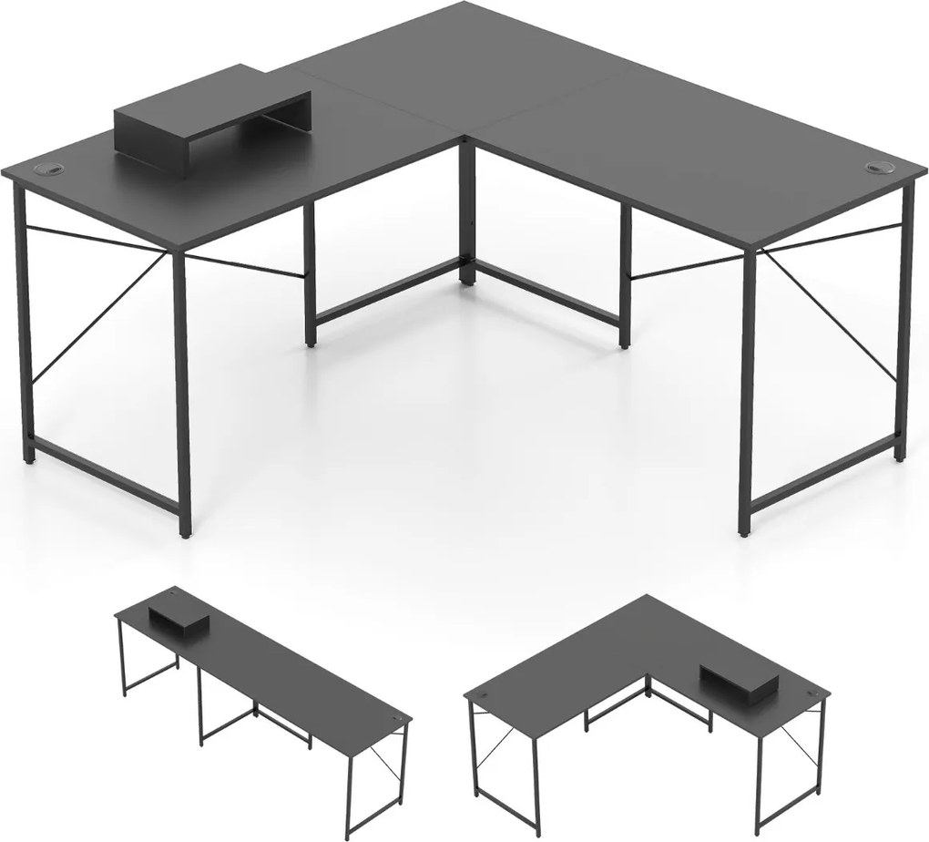 Secretária em forma de L 150 cm reversível com suporte para monitor removível e gestão de cabos para escritório em casa cinzento