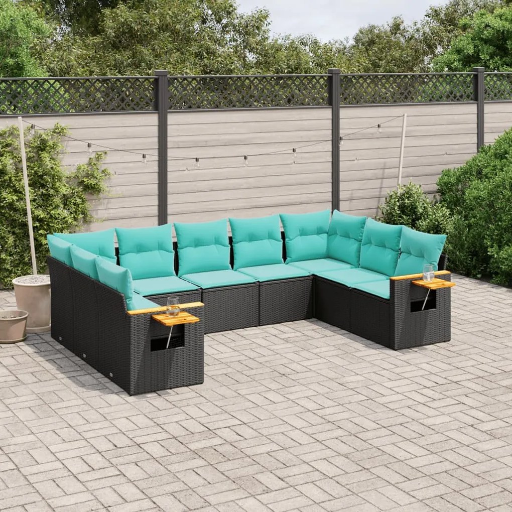 9 pcs conjunto de sofás p/ jardim c/ almofadões vime PE preto