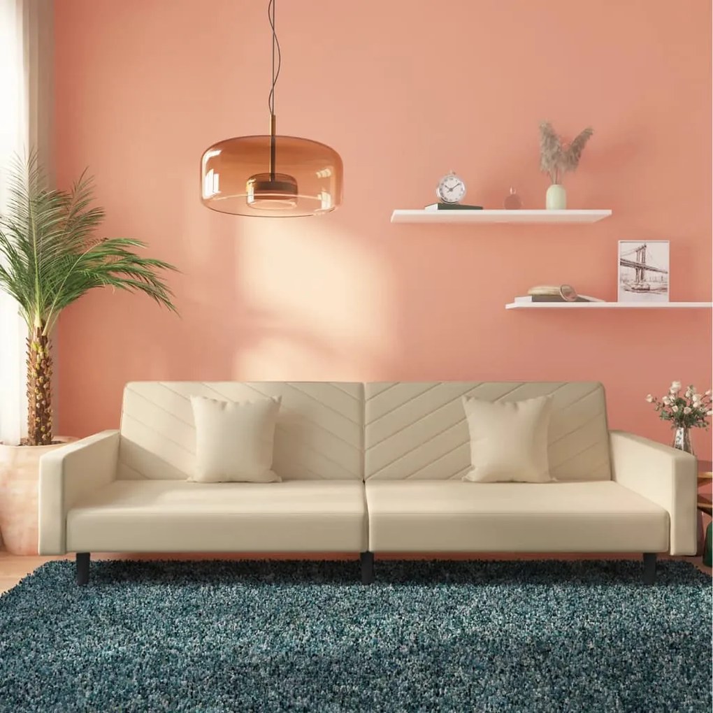 337637 vidaXL Sofá-cama 2 lugares com duas almofadas veludo cor creme