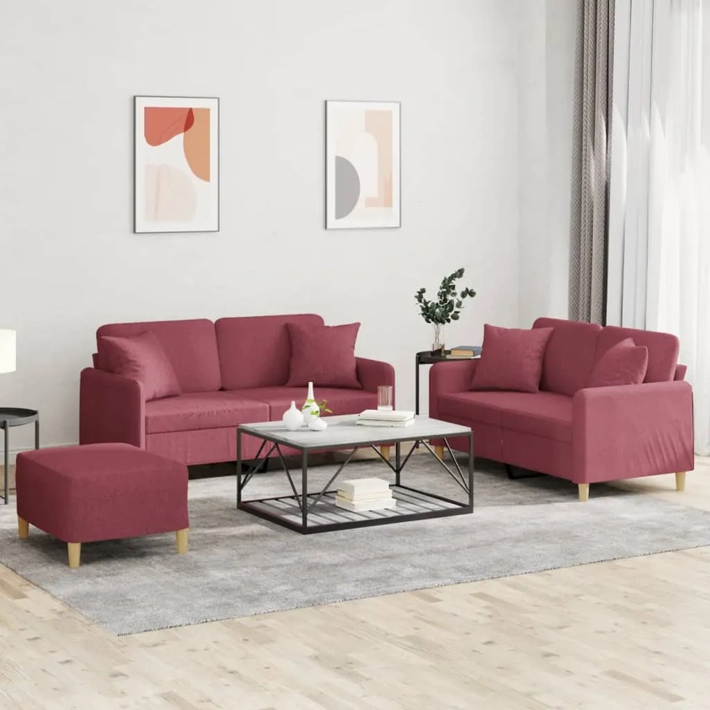 vidaXL 3 pcs conjunto de sofás com almofadas tecido vermelho-tinto