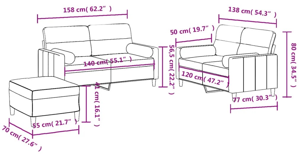 3 pcs conjunto de sofás com almofadas tecido castanho