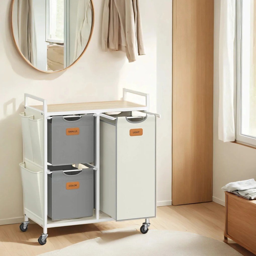Cesto para roupa suja com 3 compartimentos dois cestos de 25 L e um de 50 L bege natural-cinzento-branco creme