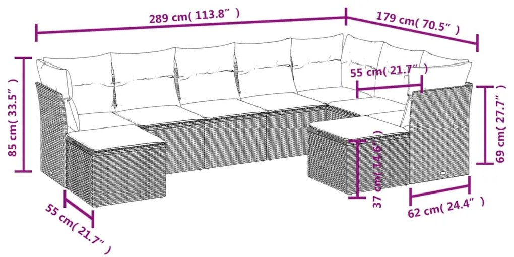 9 pcs conj. sofás jardim com almofadões vime PE cinzento-claro