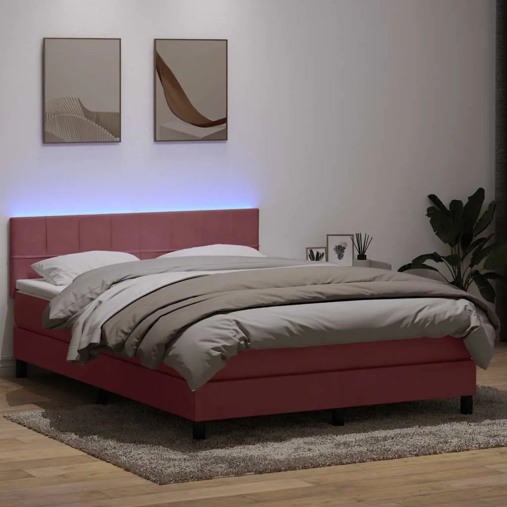 vidaXL Cama box spring c/ colchão e LED 140x220 cm veludo rosa