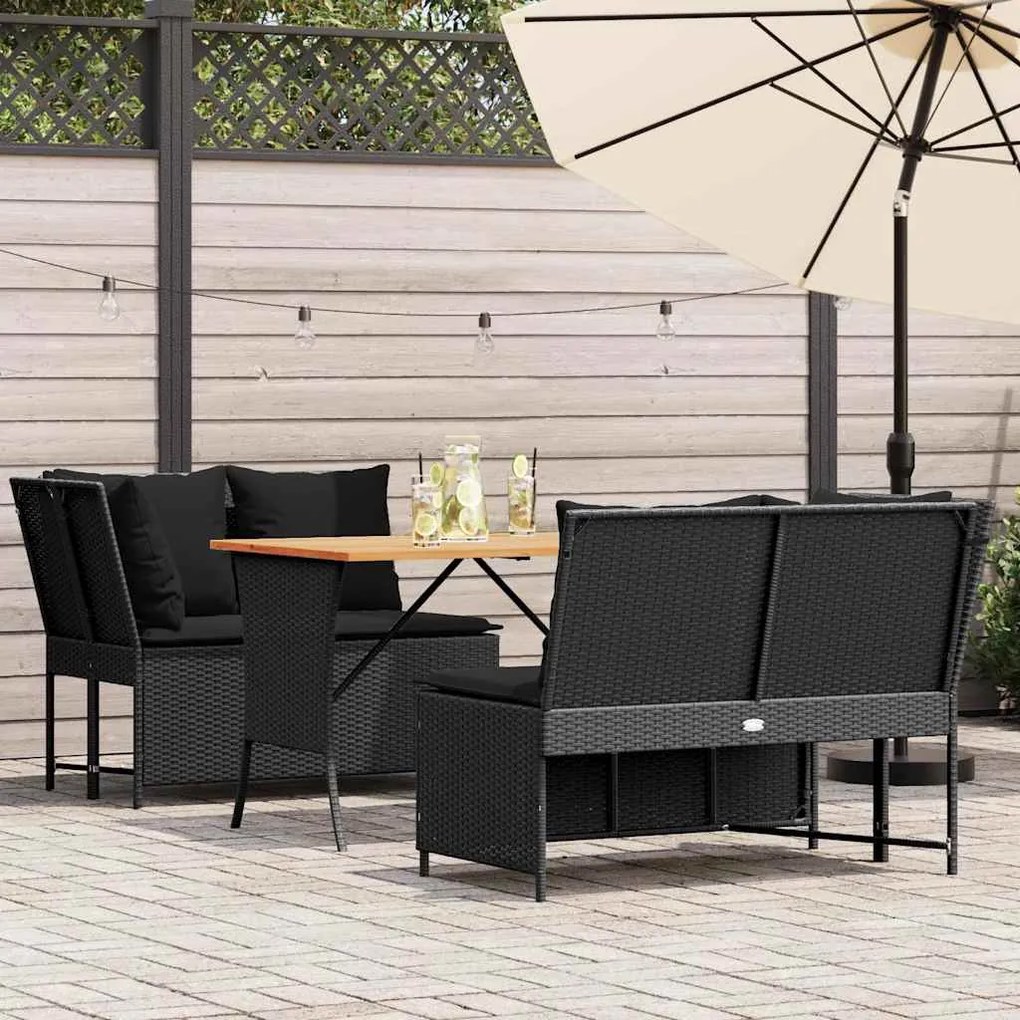 3 pcs conjunto sofás de jardim com almofadões vime PE preto