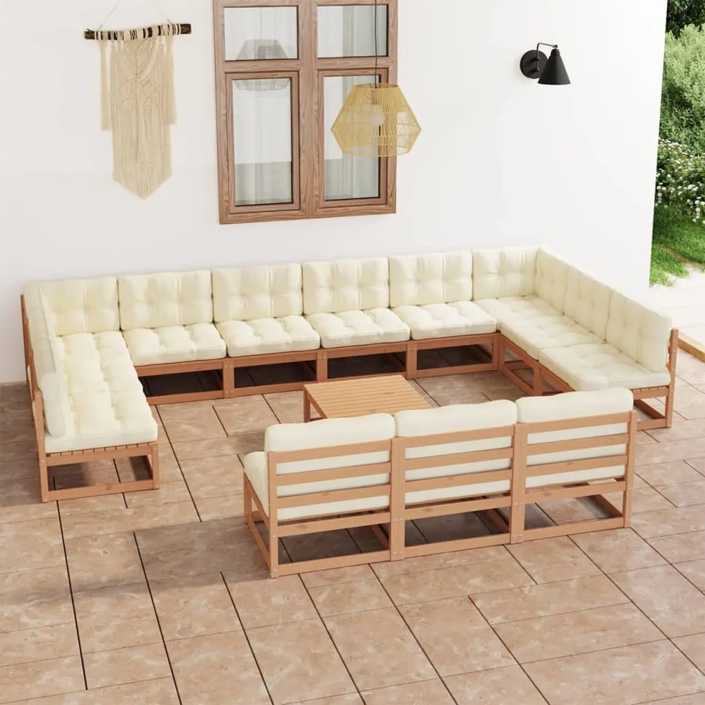 vidaXL 14 pcs conj. lounge jardim almofadões pinho maciço castanho mel