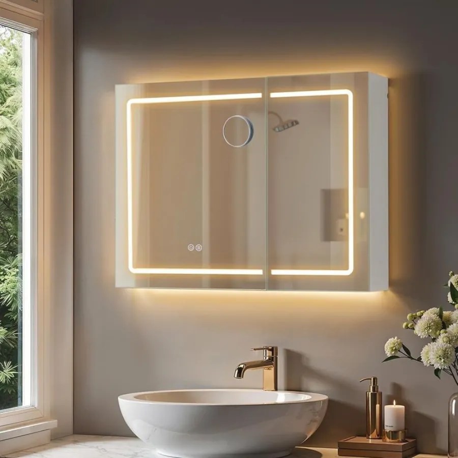 Armário com espelho, iluminação LED e estação de carregamento 16,5 x 80 x 60 cm Branco