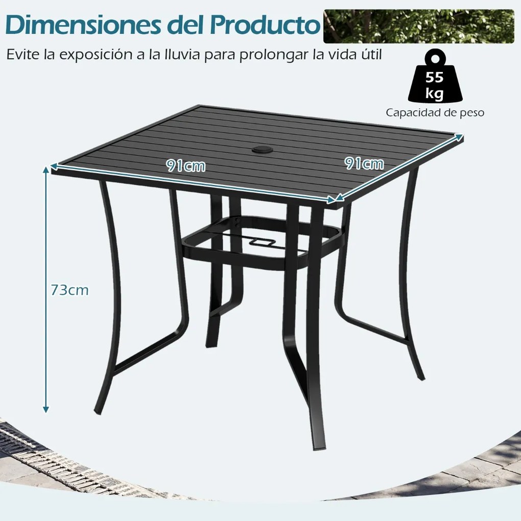 Mesa quadrada de jardim para 4 pessoas com orifício para guarda-sol 91 x 91 x 73 cm, estrutura ajustável em metal, tampo em ripas, ideal para varandas