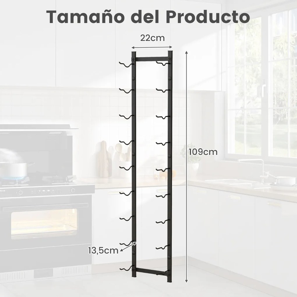 Garrafeira de parede para 9 garrafas Estante suspensa em aço inoxidável para garrafas de vinho 22 x 13,5 x 109 cm preto