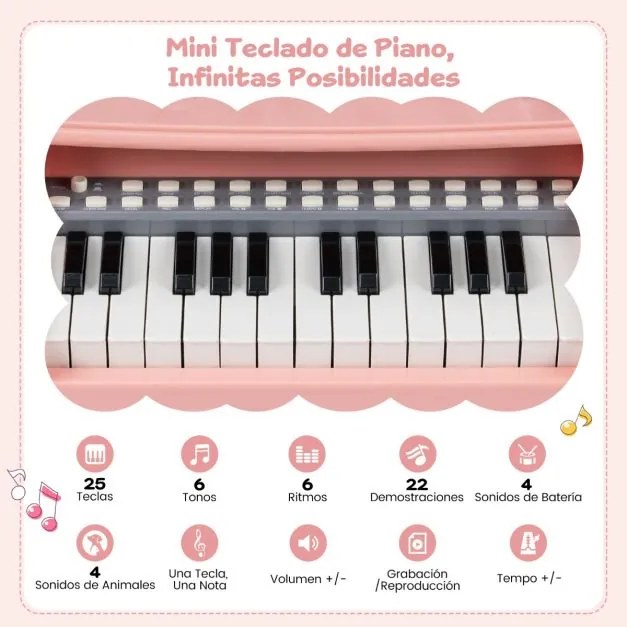 Piano de 25 teclas para crianças com atril e microfone Brinquedo educativo para aprendizagem precoce 3+ anos 45 x 17,5 x 32,5 cm Rosa