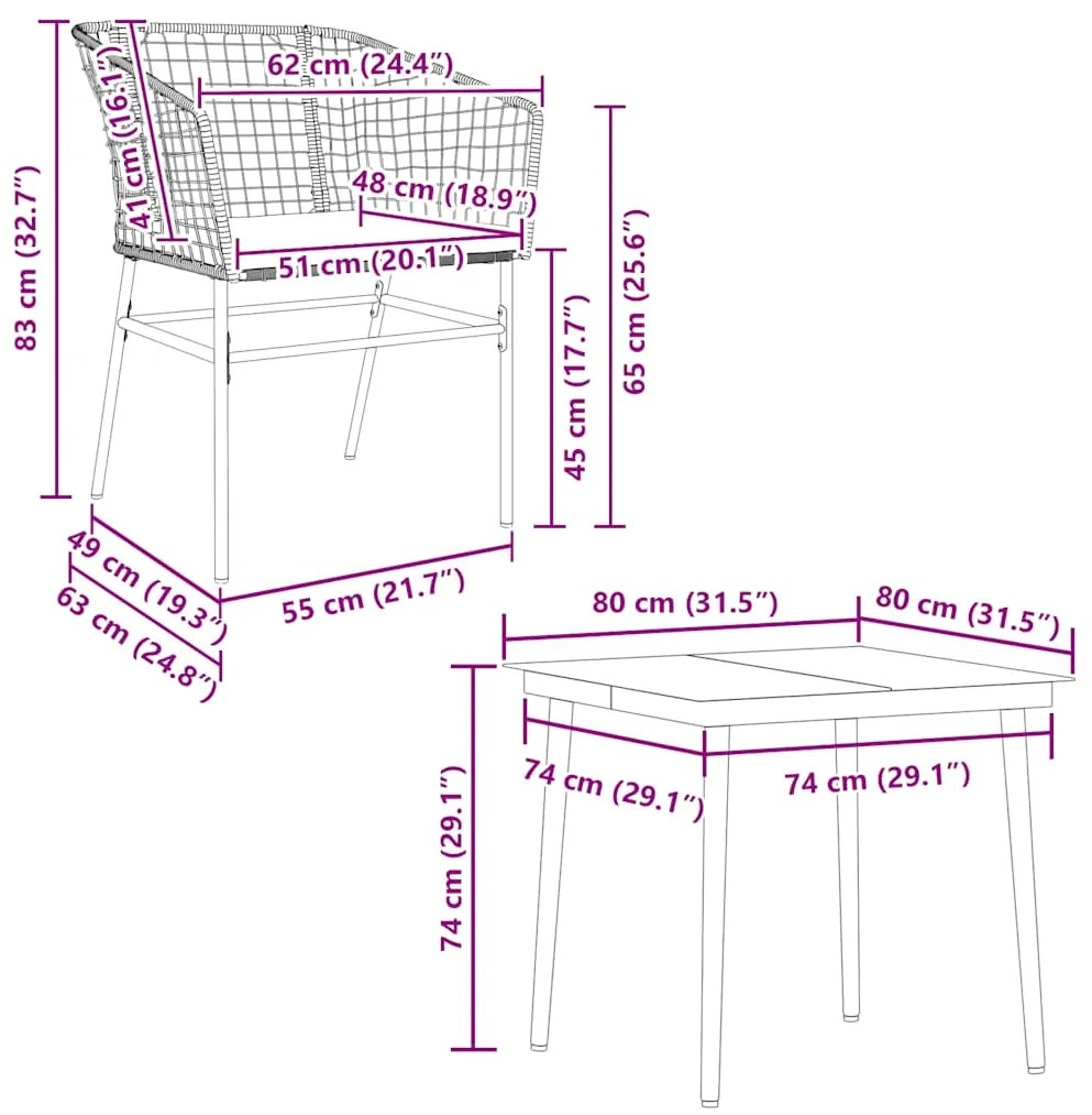 Conjunto de jantar jardim 5 peças almofadas vidro vime PE preto