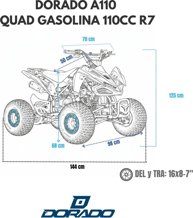 Mini moto 4 gasolina para crianças de 110 cc, automática, 4 tempos, com marcha-atrás e limitador de velocidade Dorado A110 R7 Azul