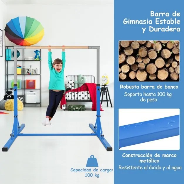 Barra de ginástica infantil dobrável com 13 alturas ajustáveis Estrutura triangular para ginásio em casa Carga 100 kg Azul