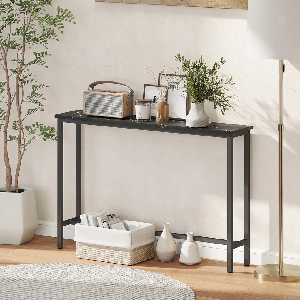 Mesa Consola Moderna Consola de Entrada Estreita com Superfície com Efeito Mármore e Estrutura de Metal 100x20x66 cm Preto