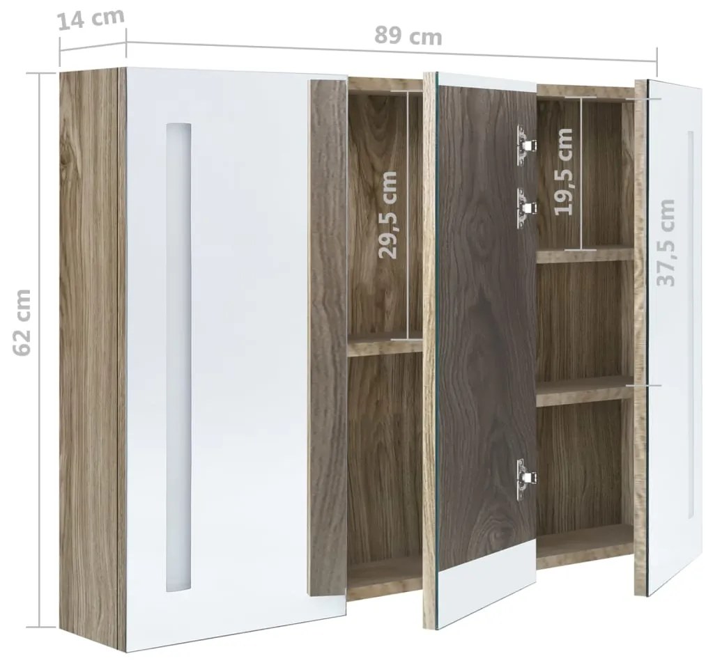 Armário espelhado p/ casa de banho com LED 89x14x62 cm carvalho