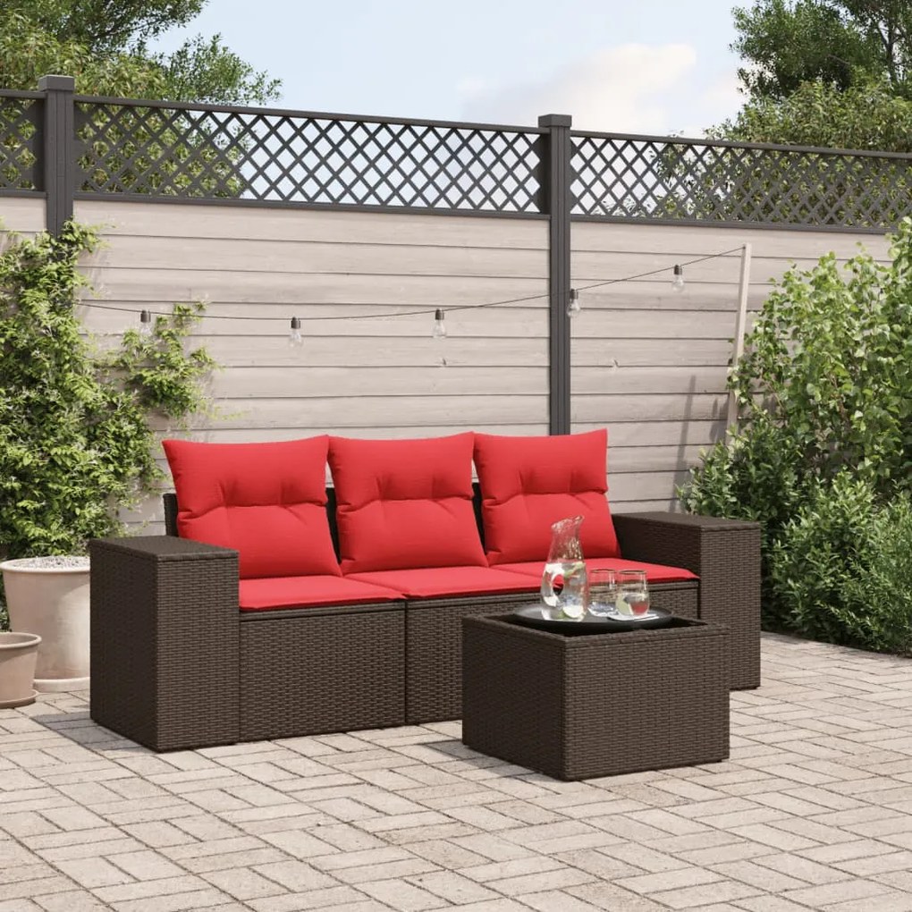 vidaXL 4 pcs conjunto sofás de jardim c/ almofadões vime PE castanho