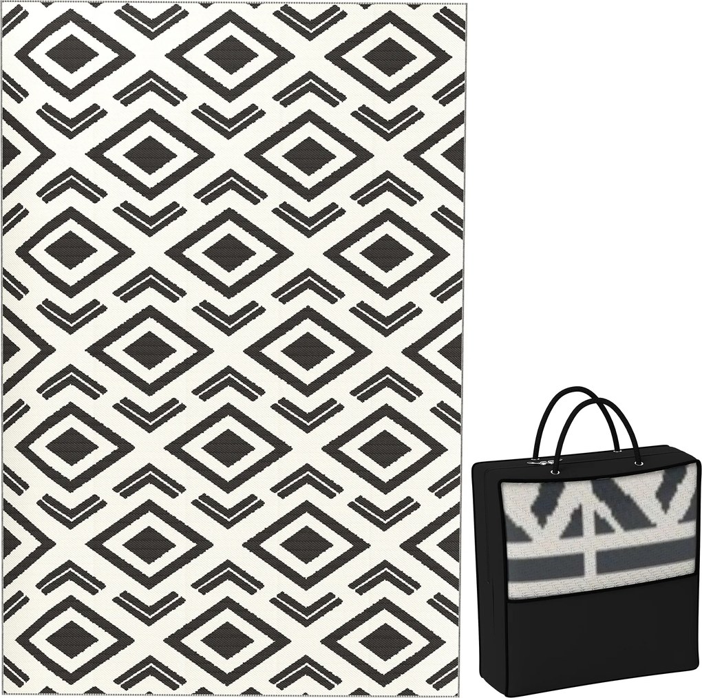 Tapete de Exterior 182x274 cm Tapete Reversível com Padrão Geométrico Impermeável Bolsa de Transporte Branco e Preto