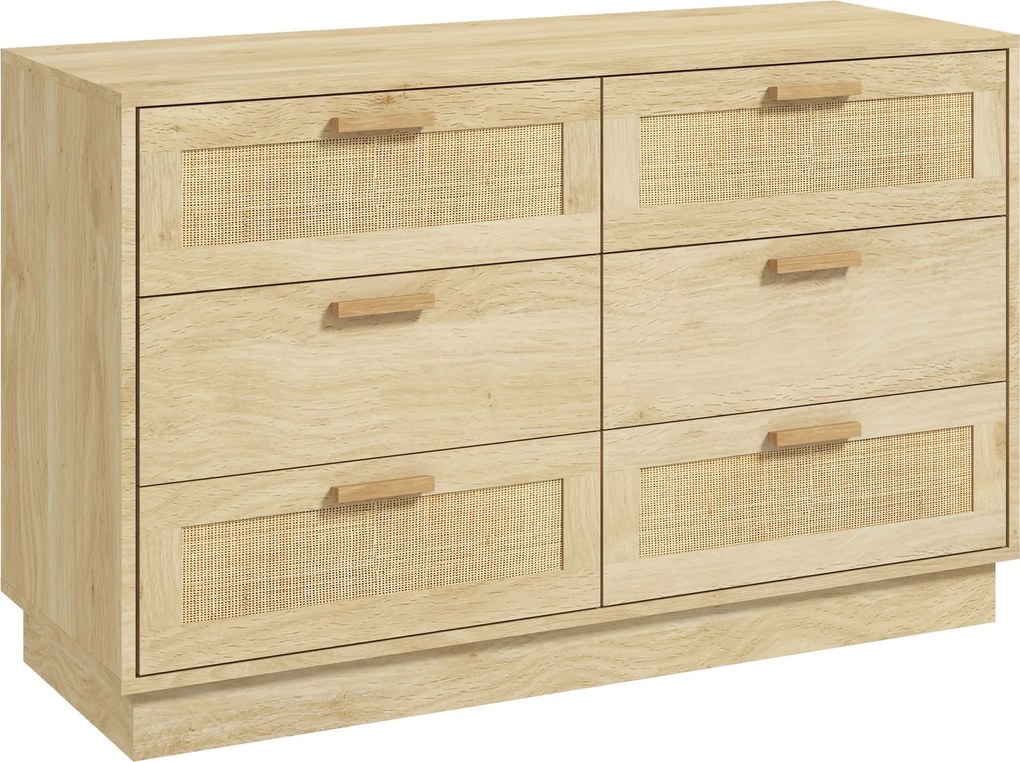 Cómoda para Quarto Cómoda de Madeira com 6 Gavetas de Vime Estilo Boêmio para Corredor Escritório 110x40x69 cm cor Carvalho