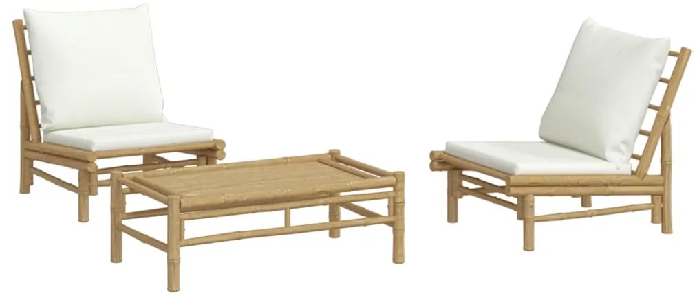 3 pcs conjunto lounge de jardim bambu c/ almofadões branco nata