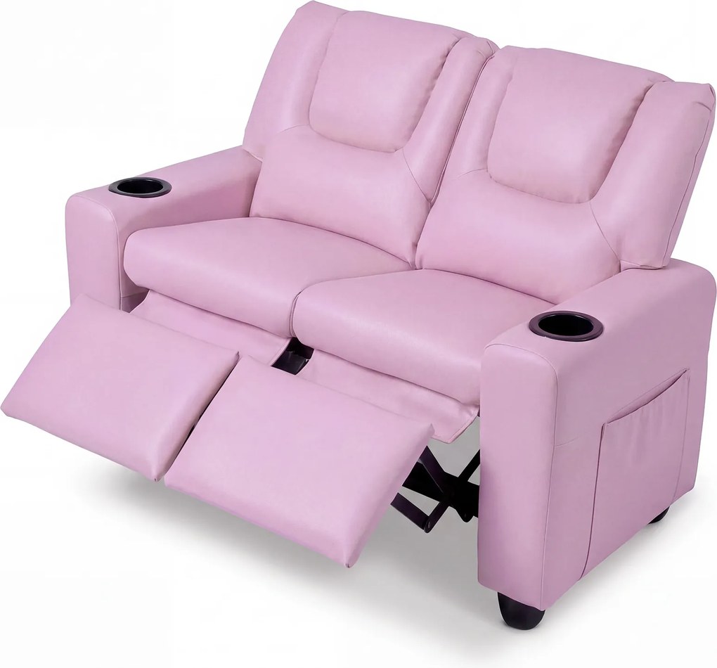 Sofá Infantil de 2 Lugares, 96 x 51,5 x 69 cm, Encosto e Apoio para os Pés Reclináveis, Rosa