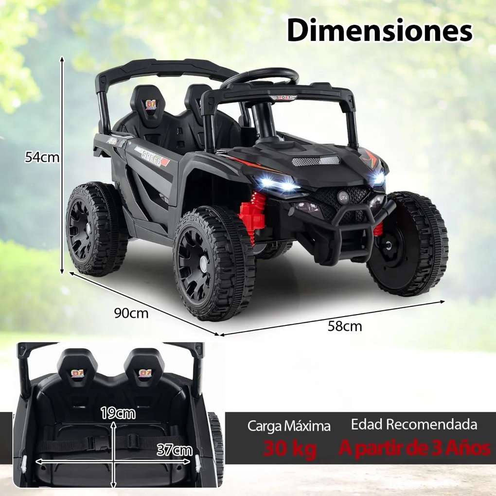 Carro elétrico infantil de 12 V, com comando à distância, 3 velocidades, luzes LED, música, buzina, veículo a bateria para crianças, Preto