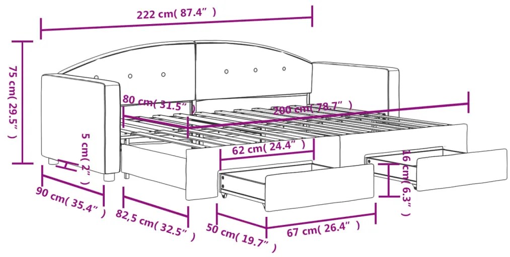 Sofá-cama com gavetão e gavetas 80x200 cm veludo rosa