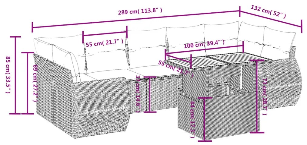 8 pcs conjunto sofás de jardim c/ almofadões vime PE cinzento