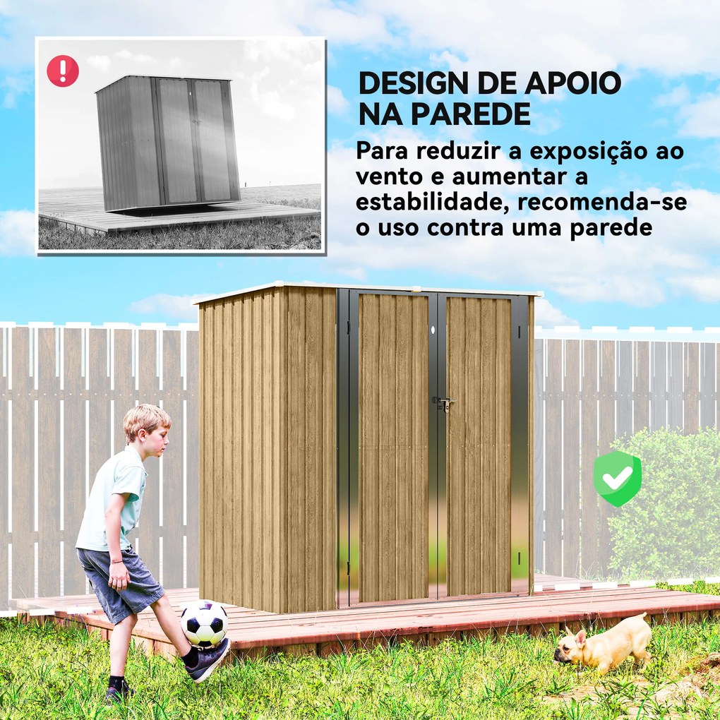 Abrigo de Jardim Exterior Metálico 1,37 m² 163x89x163 cm com Telhado Inclinado Portas com Fecho e Luvas Castanho