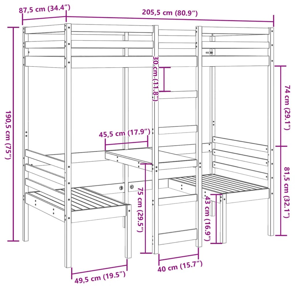 Cama alta c/ secretária/cadeiras 80x200 cm pinho castanho-mel