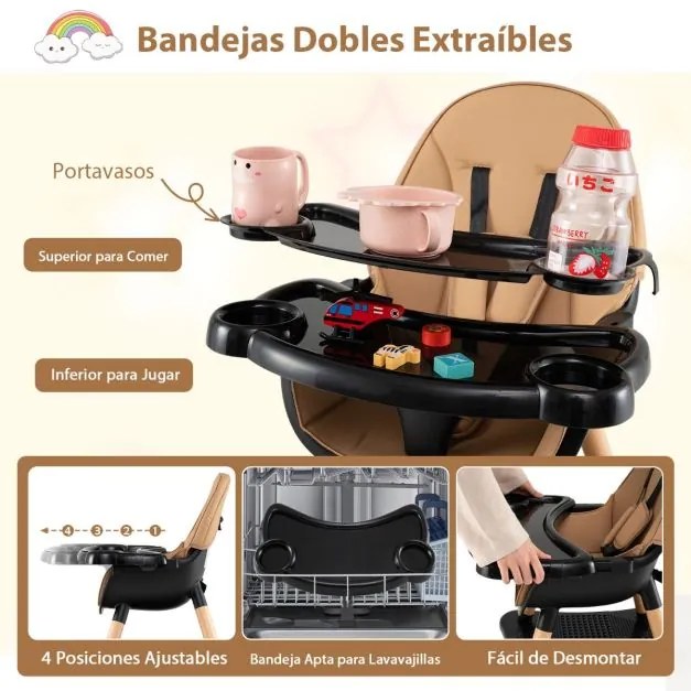 Cadeira refeição para bebés e crianças, conversível 6 em 1 tabuleiro removível café e preto