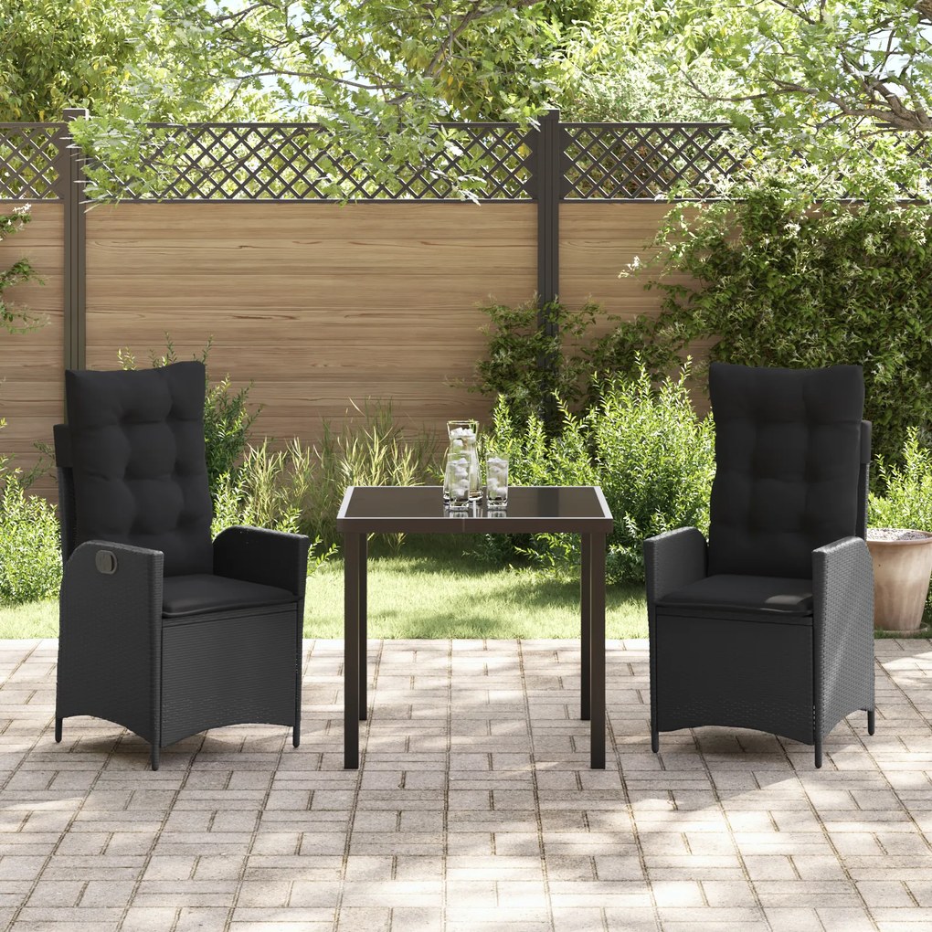 Conjunto de Jantar de Jardim 3 Peças com Almofadas Preto Vime Polímero