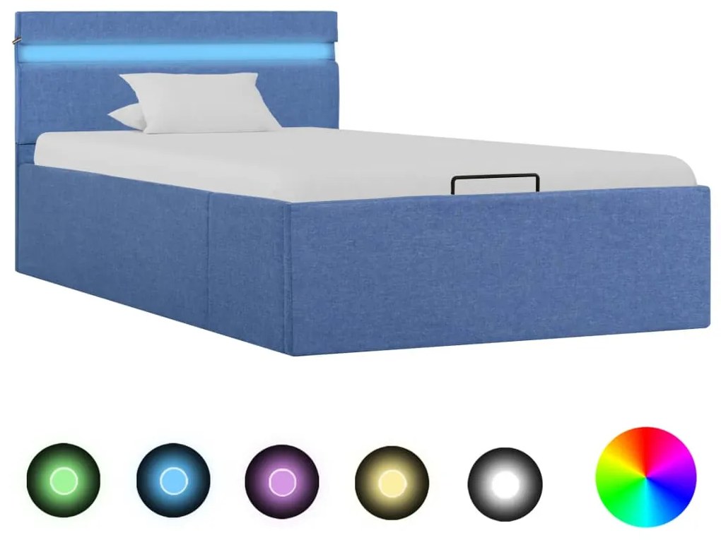 vidaXL Cama hidráulica c/ arrumação e LED 90x200 cm tecido azul