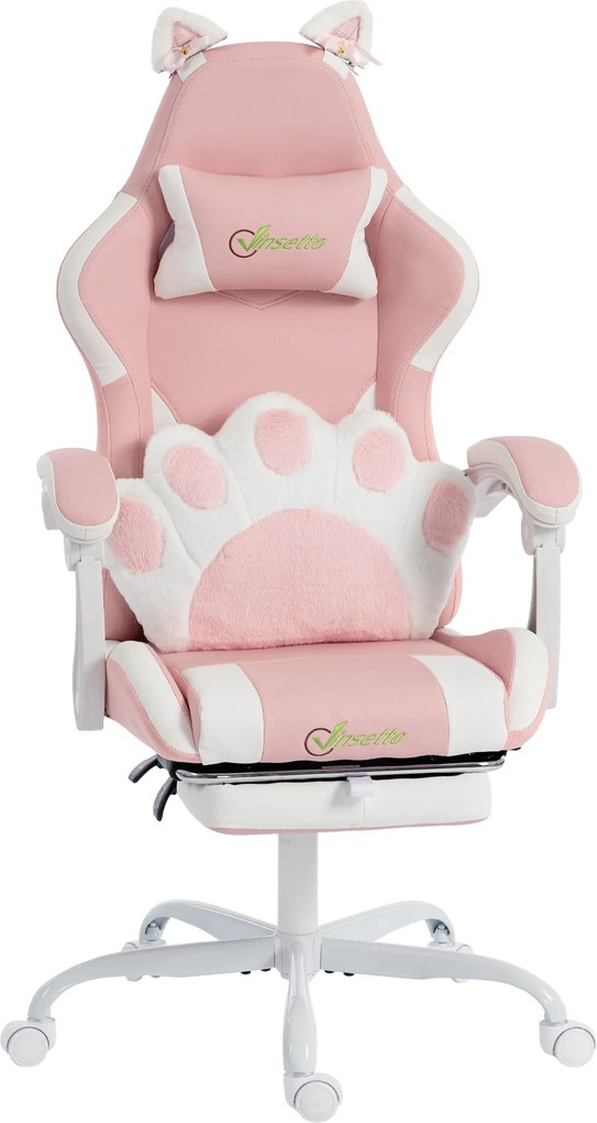 Vinsetto Cadeira Gaming com Orelhas de Gato, Encosto Reclinável 90-135°, Apoio para os Pés Retrátil, Almofada Lombar e Apoio de Cabeça - Rosa | Aosom Portugal