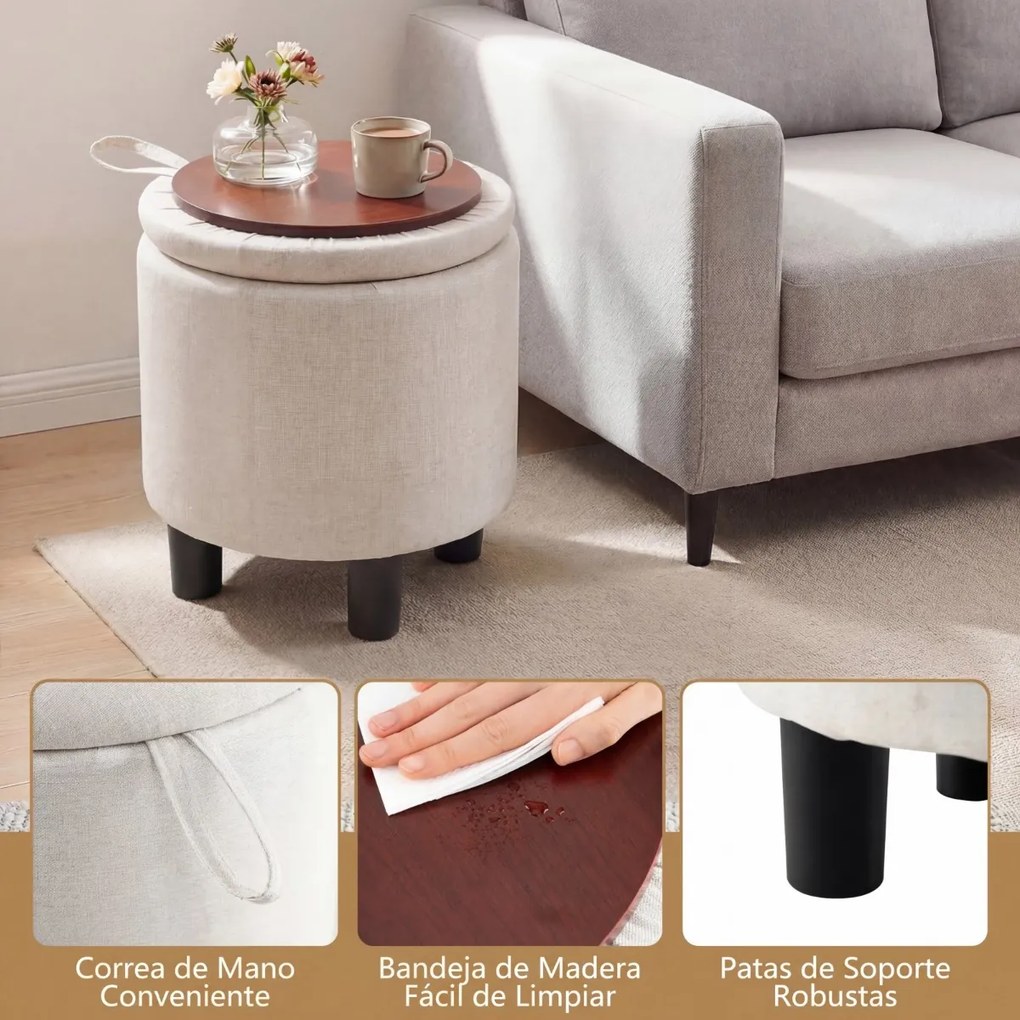 Pufe redondo com espaço de arrumação e tampa rebatível em linho 38 x 42 cm; apoio para os pés ou pufe para sala ou quarto; bege