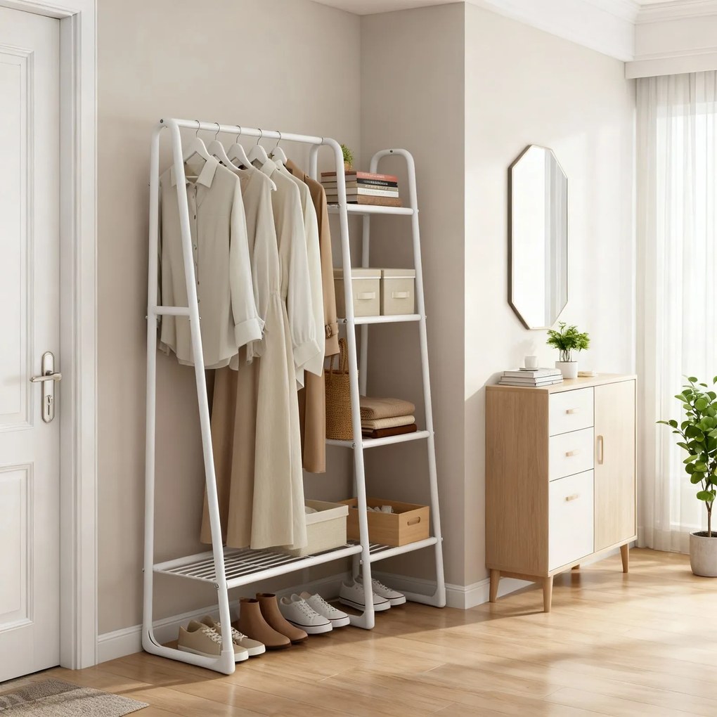 Guarda-roupa aberto, cabideiro com 5 prateleiras em metal 40 x 101,7 x 153,3 cm branco