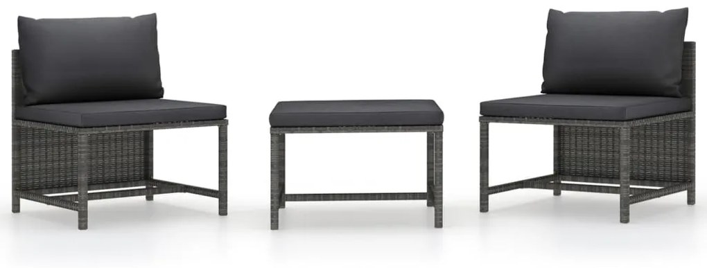 3 pcs conjunto sofás de jardim c/ almofadões vime PE cinzento