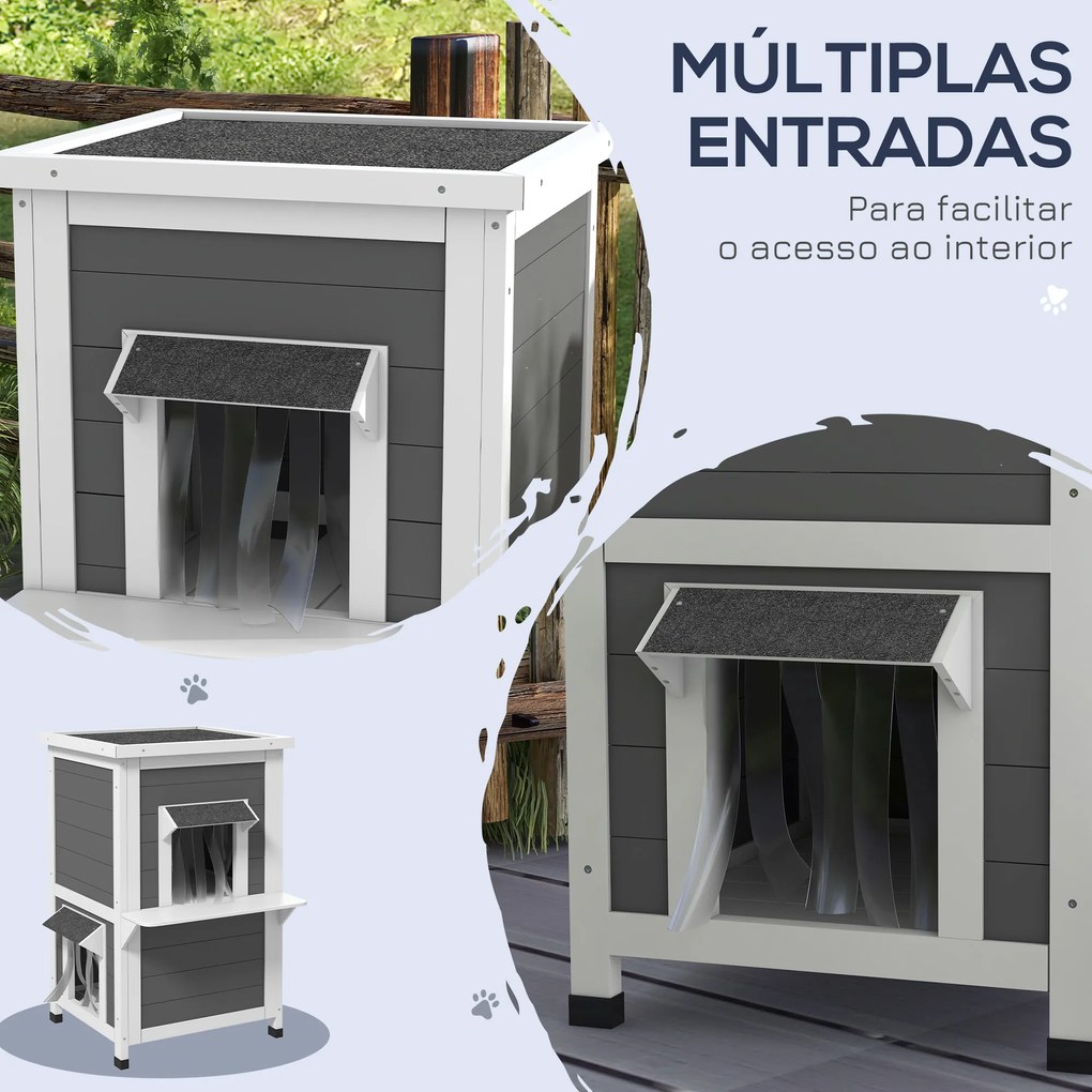 Casa para Gatos de Madeira 60x60x81,5 cm de 2 Níveis com Cortina e Portas com Beirais Impermeáveis Cinza e Branco