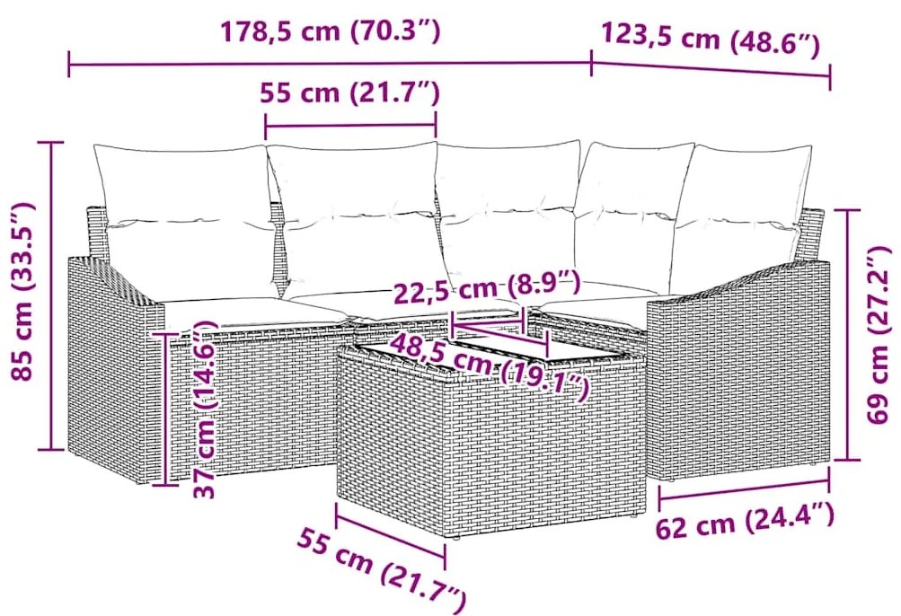 Conjunto de Sofás de Jardim com 4 Peças e Almofadas Cinzas em Rattan S