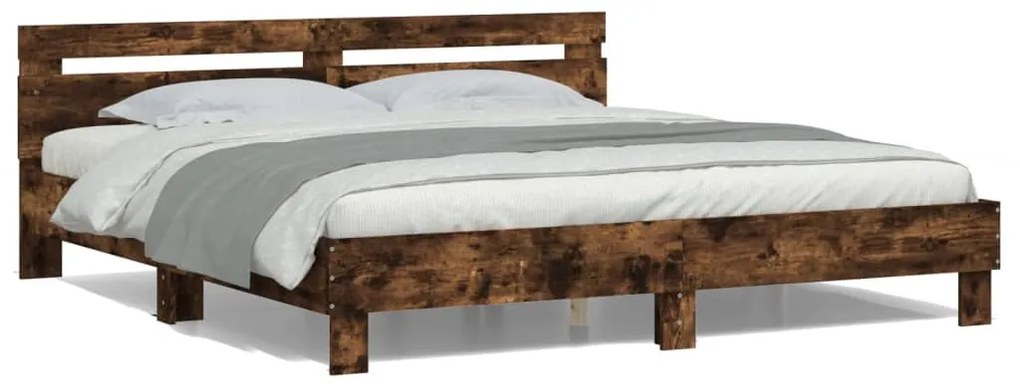 Estrutura cama c/ cabeceira/luzes LED 200x200cm carvalho fumado