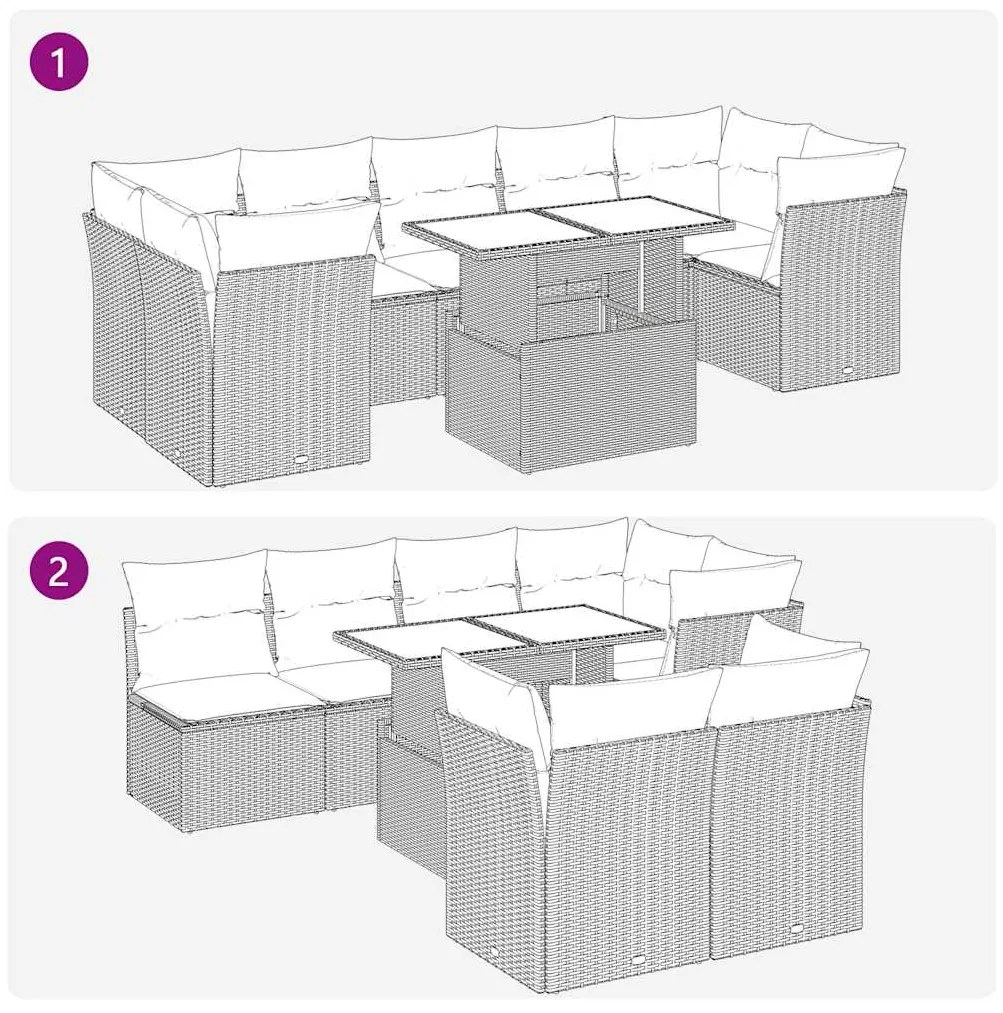 8 pcs conj. sofás jardim c/ almofadões vime PE/acácia castanho
