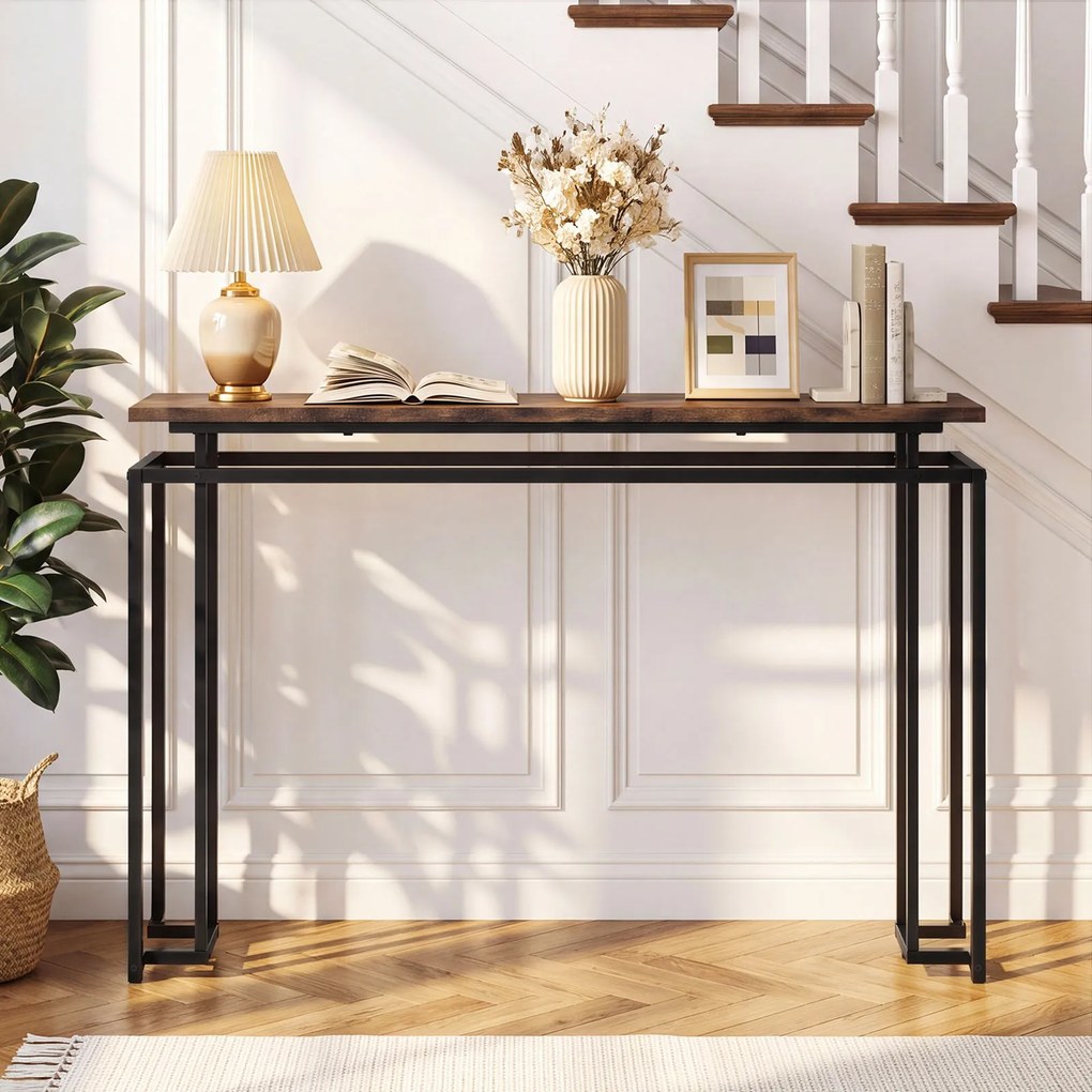 Mesa de Consola de 2 Níveis, 120 x 30 x 81 cm, Estrutura Metálica Resistente, Castanho+Preto